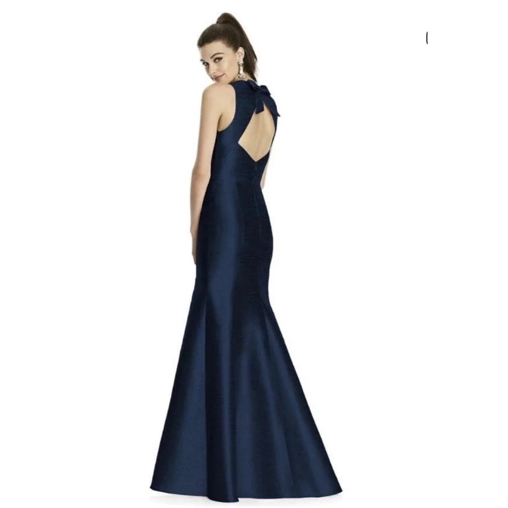 Alfred Sung D823 Midnight Navy Blue Bow Back Trumpet Maxi Gown Dress 16R - Picture 2 of 9